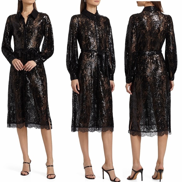 L’AGENCE Women's Frida Embellished Sequined Lace Button-Front Midi Shirtdress - Picture 2 of 16